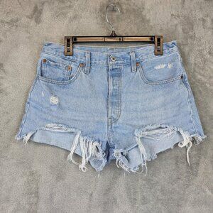 Levi's 501 Cut-Off Shorts Womens 32 Blue Distressed Denim High Rise Button Fly